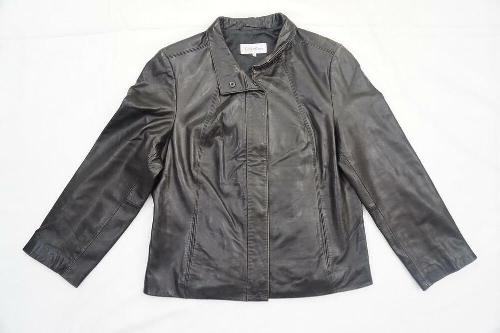 CALVIN KLEIN USED/WEAR WOMEN XL BLACK SOFT LEATHER FITTED ZIP UP JACKET